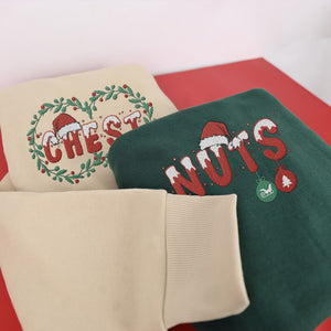 Chest Nuts Matching Couple Embroidered Sweatshirt, Merry Christmas Crewneck Holiday Embroidery Pullover His and Hers Couple Sweater