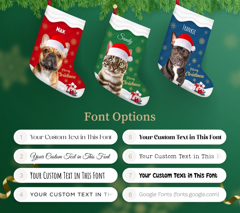 Pet Portrait Personalized Christmas Stocking with Custom Name Dog Cat Bunny Hamster Puppy Holiday Festive Xmas Fireplace Mantel Decoration