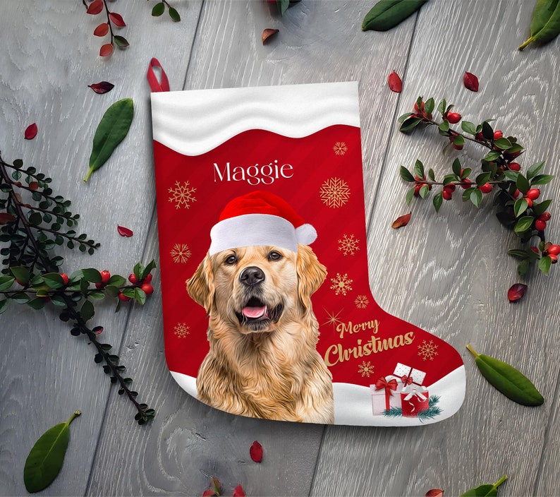 Pet Portrait Personalized Christmas Stocking with Custom Name Dog Cat Bunny Hamster Puppy Holiday Festive Xmas Fireplace Mantel Decoration