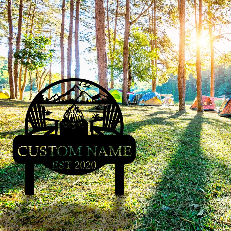 Custom Metal Campfire Sign with Stakes, Personalized Cabin Sign, Camp Decor, Outdoor Life Lovers Gift, Camp Name Sign, Farmhouse Decor, Gift