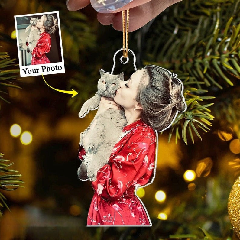 Personalized Funny Cat Photo Ornament, Cats with Owners moment, Christmas Ornament, Cat Photo Ornament, Cat Mom Gifts, Xmas Tree Decor