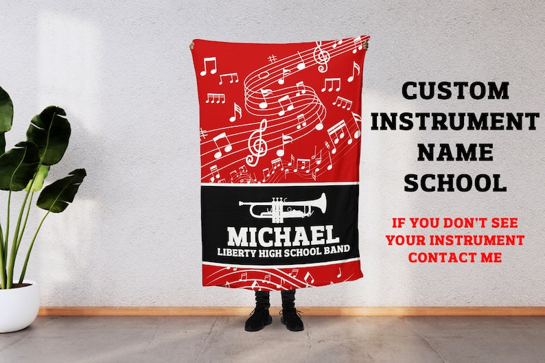 Custom Music Blanket, Marching Band, Orchestra, Personalized Name, Color, School, Instrument, Trumpet, Clarinet, Tuba, Violine and More