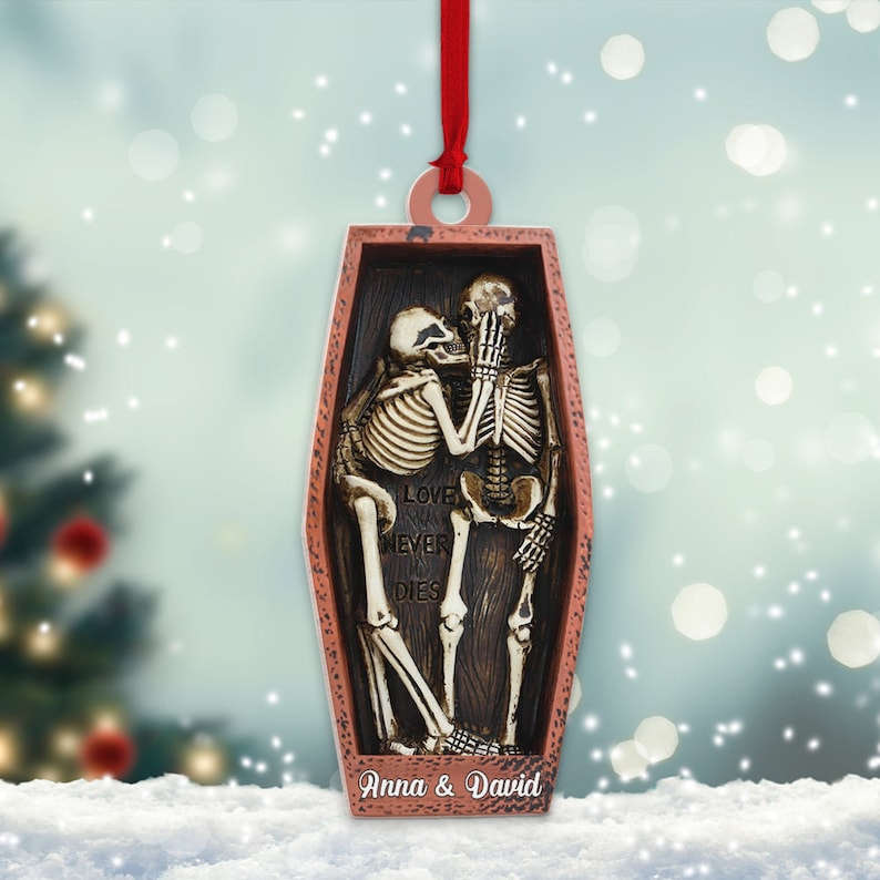 Personalized Skull Couple Christmas Ornament, Skeleton Couple Acrylic Ornament, Skeleton Santa Hat, Black Rose Heart, Skull Couple Ornament