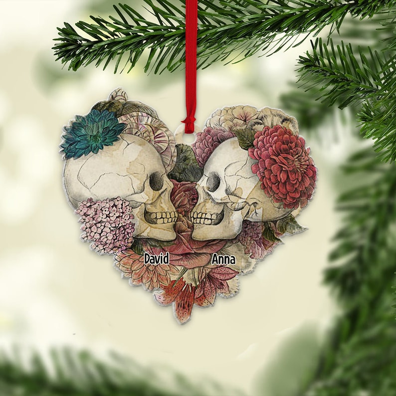 Personalized Skull Couple Christmas Ornament, Skeleton Couple Acrylic Ornament, Skeleton Santa Hat, Black Rose Heart, Skull Couple Ornament