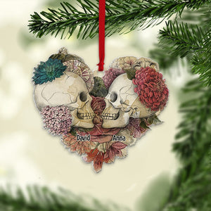 Personalized Skull Couple Christmas Ornament, Skeleton Couple Acrylic Ornament, Skeleton Santa Hat, Black Rose Heart, Skull Couple Ornament