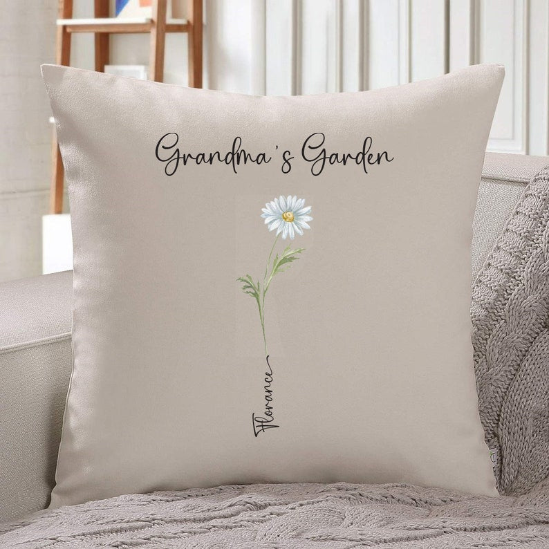 Grandma's garden cushion with grandchildren's names birth flowers Personalised Mother's Day Christmas gift for nanny Xmas Birthday pillow