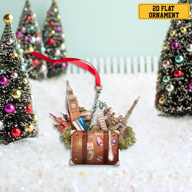 Personalized Travel Suitcase Ornament, World Travel Trunk Christmas Ornament, Traveler Ornament Christmas Tree Decor, Travel Lovers Gift