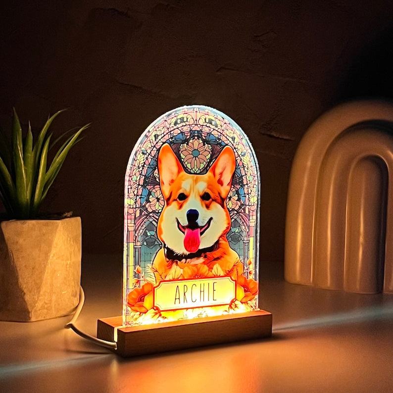 Pet Memorial Custom Acrylic Stained Glass Night Light, Personalized Bedroom LED Decor Sign, Light up Sign, Gift for Pets