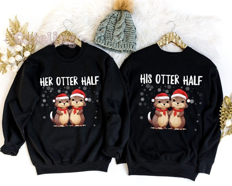 Couples Christmas Sweaters, Couple Christmas Pajamas Couple Sweatshirts Otter Puns Matching Christmas Shirts Funny Ugly Sweater Party Tees