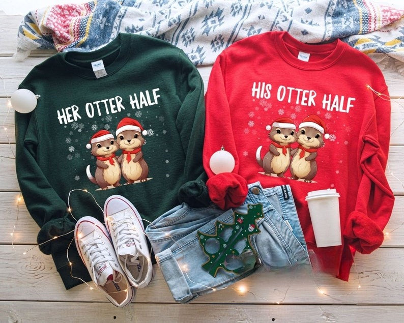 Couples Christmas Sweaters, Couple Christmas Pajamas Couple Sweatshirts Otter Puns Matching Christmas Shirts Funny Ugly Sweater Party Tees