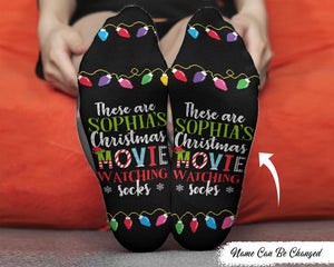 Christmas Movies Watching Socks - Personalized Crew Socks, Christmas Socks With Sayings, Custom Name Watching Movies Socks, Christmas Gifts