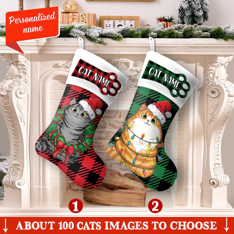Personalized Cat Christmas Stockings, Custom Cat Name Christmas Stockings, Buffalo Plaid Christmas Gifts For Toddler Kids, Cat Owners Gifts