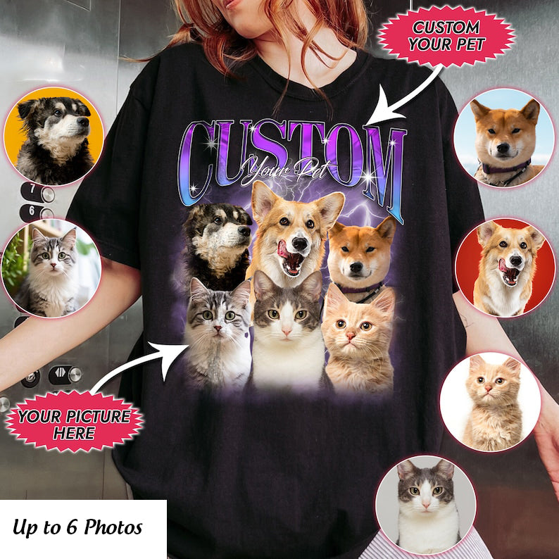 Custom Bootleg Pet Shirt, Custom Dog Shirt, Personalized with Your Own Dog or Cat,Dog Photo Retro 90's Tee Gift For Her