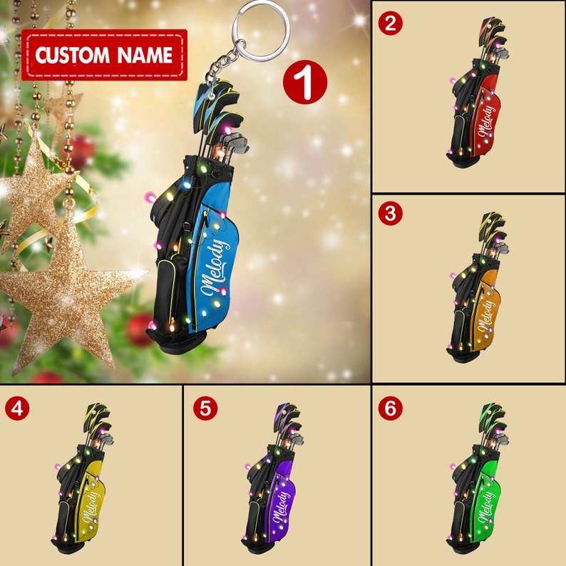 Personalized Golf Bag Keychain, Custom Name Golf Bag Christmas Lights Keychain, Merry Christmas Gift For Golf Players
