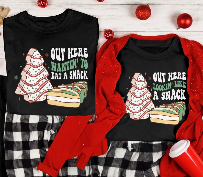 Christmas Tree Cake Funny Matching Couples Christmas Shirts, Couples Christmas Pajamas, Christmas Couple, Out Here Lookin Like a Snack Tees