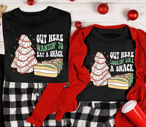 Christmas Tree Cake Funny Matching Couples Christmas Shirts, Couples Christmas Pajamas, Christmas Couple, Out Here Lookin Like a Snack Tees