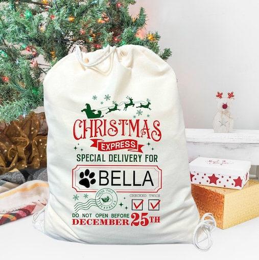 Personalized Dog Santa Sack, Custom Dog Name Santa Sack, Dog Paw Santa Sack, Christmas Gift, Xmas Santa Sack, Funny Christmas Gift for Dog