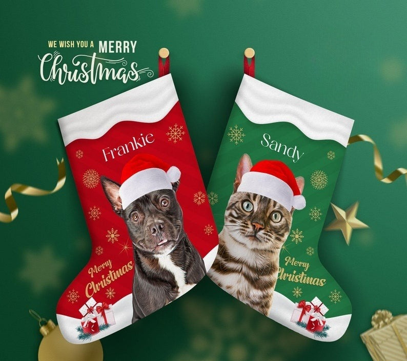 Pet Portrait Personalized Christmas Stocking with Custom Name Dog Cat Bunny Hamster Puppy Holiday Festive Xmas Fireplace Mantel Decoration
