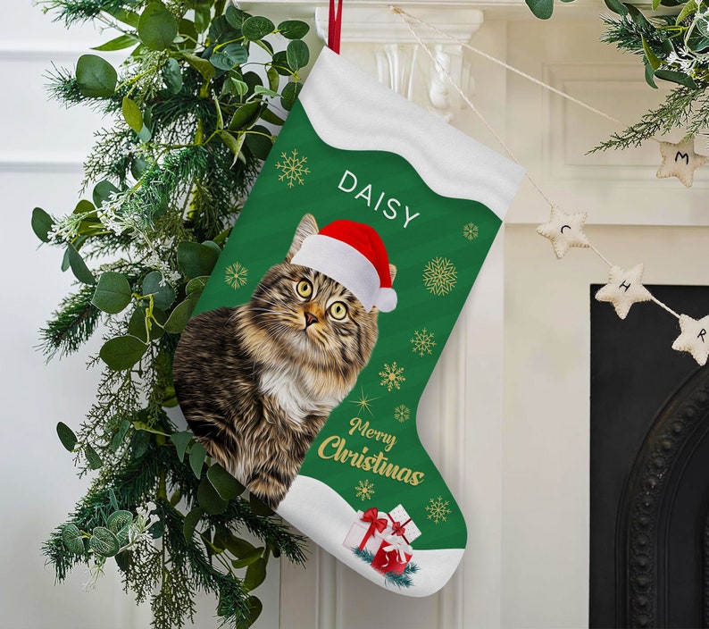 Pet Portrait Personalized Christmas Stocking with Custom Name Dog Cat Bunny Hamster Puppy Holiday Festive Xmas Fireplace Mantel Decoration