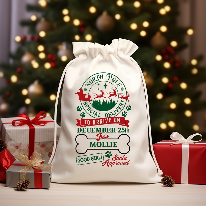 Dog Santa Sack Personalised pet Stocking Christmas Bag Xmas Treat Gift Bag
