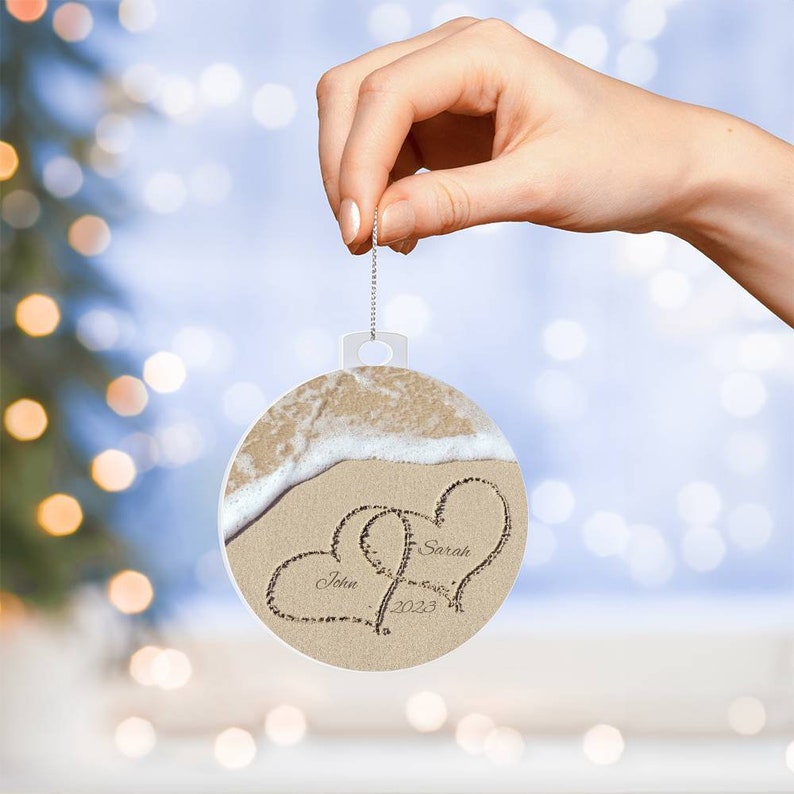 Personalized Beach Christmas Ornament, Custom Names In Sand Newlywed Gift, Coast Love, Holiday Present, Just Married Engaged Couple Gifts