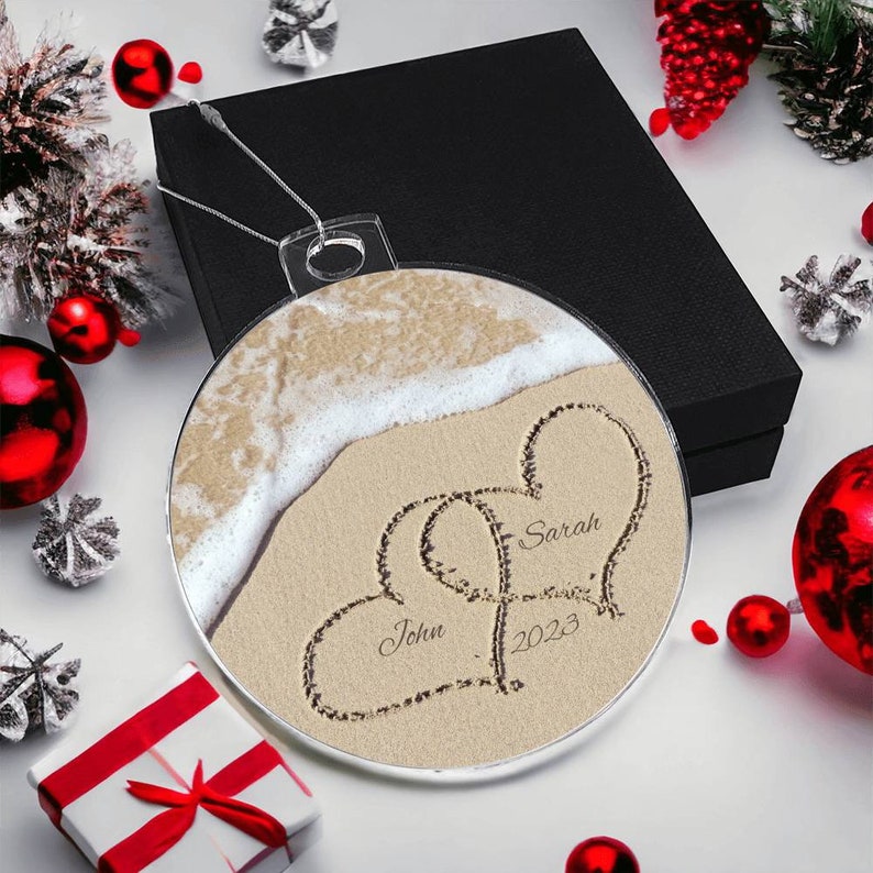 Personalized Beach Christmas Ornament, Custom Names In Sand Newlywed Gift, Coast Love, Holiday Present, Just Married Engaged Couple Gifts