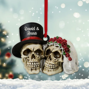 Personalized Skull Couple Christmas Ornament, Skeleton Couple Acrylic Ornament, Skeleton Santa Hat, Black Rose Heart, Skull Couple Ornament