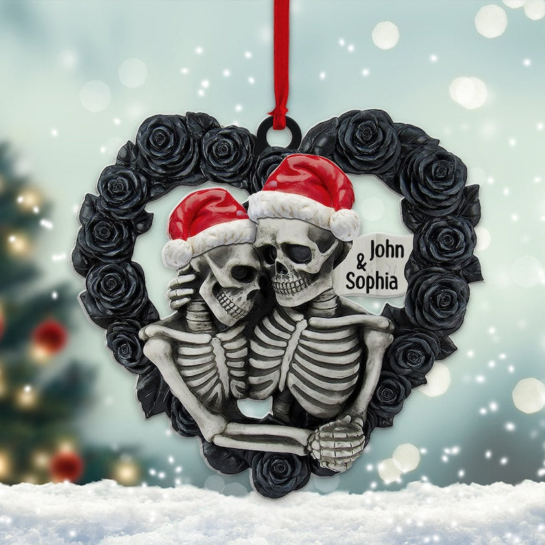 Personalized Skull Couple Christmas Ornament, Skeleton Couple Acrylic Ornament, Skeleton Santa Hat, Black Rose Heart, Skull Couple Ornament