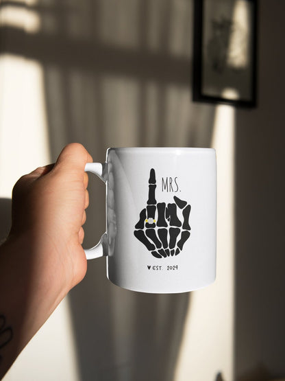Funny Mr And Mrs Mug,Bride Skeleton Hand, Engagement Gift, Couple Coffee Mug Set, Goth Bride Gift,Skeleton Wedding, Halloween Wedding