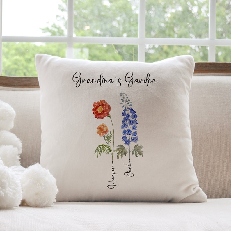 Grandma's garden cushion with grandchildren's names birth flowers Personalised Mother's Day Christmas gift for nanny Xmas Birthday pillow