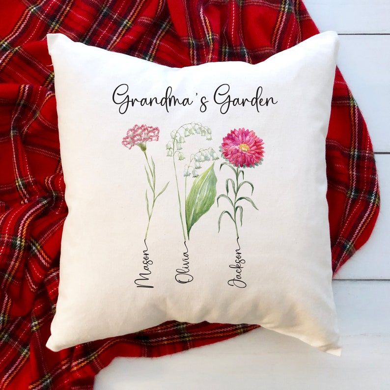 Grandma's garden cushion with grandchildren's names birth flowers Personalised Mother's Day Christmas gift for nanny Xmas Birthday pillow