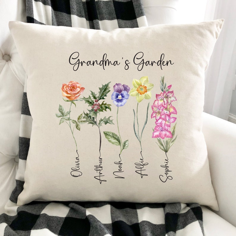 Grandma's garden cushion with grandchildren's names birth flowers Personalised Mother's Day Christmas gift for nanny Xmas Birthday pillow