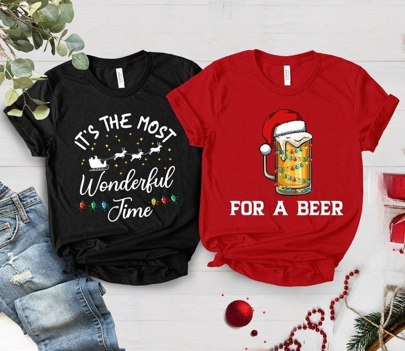 Christmas Couples Shirts, It's the Most Wonderful Time For a Beer Tee, Couples Holiday Tee, Matching Christmas Shirts, Couple Christmas Tees