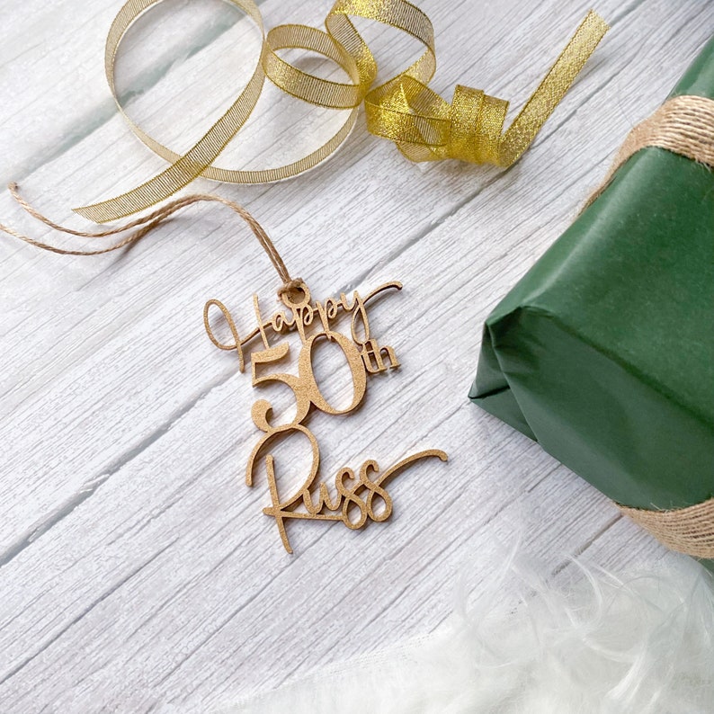 Personalised Birthday Wooden Gift Tag with Name and Age Gold Silver Rose Gold Black Natural Colour 21st 30th 40th 50th 60th 70th Birthday