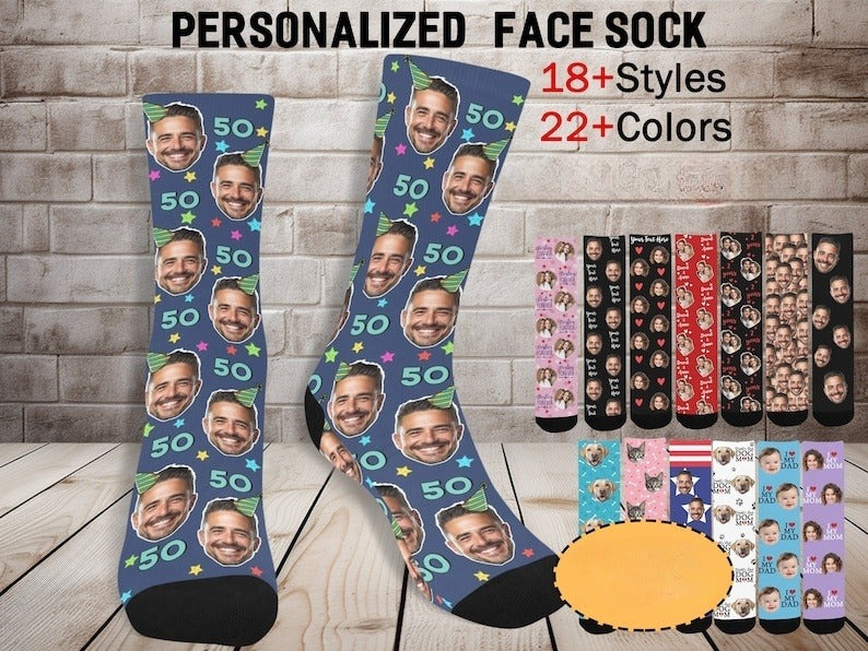 Custom 50th Birthday Face Sock, 50th Birthday Gift for Men and Women, Fifty Birthday Gifts, Personalized Sock, 20th 30th 40th Birthday Sock