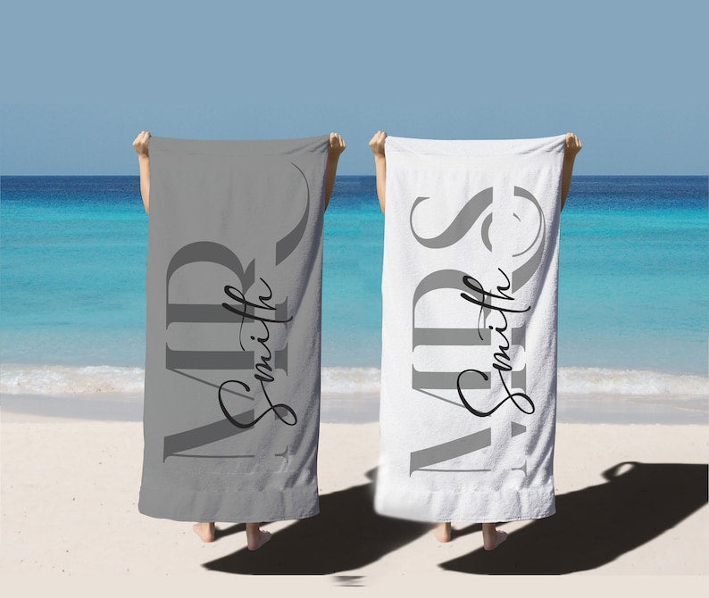 Custom Couple Towel,Personalized Mr. and Mrs. Beach Towel, His and Hers Newlywed Gift, Just Married Bride Gift, Wedding Gift,Honeymoon Gift