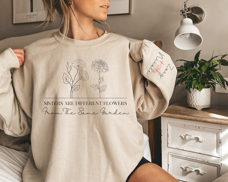 Personalized Sisters Sweatshirt With Names On Sleeve, Personalized Birth Month Sweatshirt, GIfts For Sister, Sister Sweater, Sister Gift