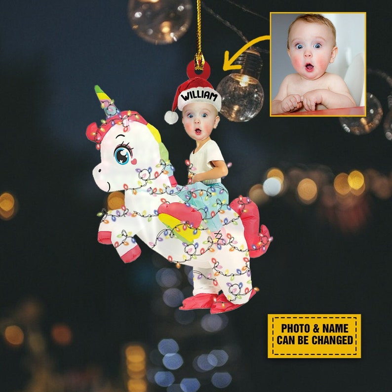 Kid Rides Unicorn With Christmas Light 2d Flat Ornament, Custom Gift, Photo Ornament, Funny Ornament, Holiday Decors, Xmas Decors