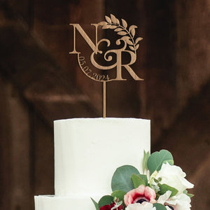 Wooden Wedding or Engagement Cake Topper with a Date and Initials Anniversary Personalised Custom Engagement Wood Decor Bridal Shower