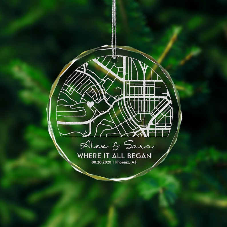 Personalize Map Our First Date Crystal Ornament, Custom Couple Anniversary Gift, Gift For Couple, Our First Christmas Ornament