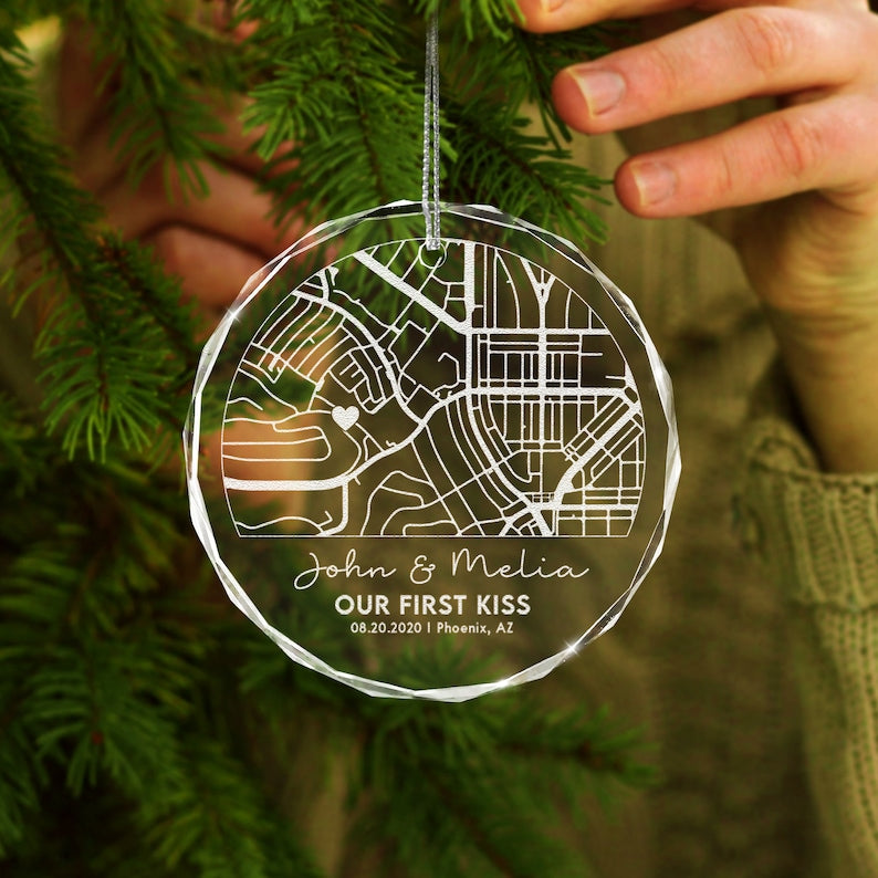 Personalize Map Our First Date Crystal Ornament, Custom Couple Anniversary Gift, Gift For Couple, Our First Christmas Ornament