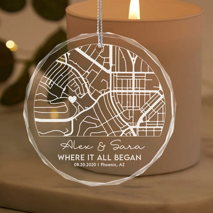 Personalize Map Our First Date Crystal Ornament, Custom Couple Anniversary Gift, Gift For Couple, Our First Christmas Ornament