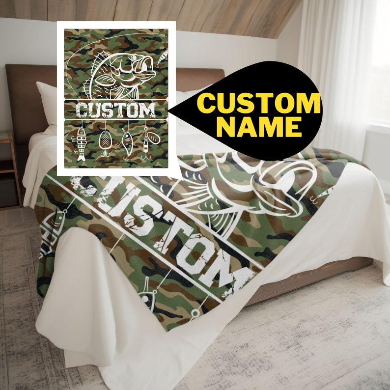 Personalized Bass Camo Fishing Blanket | Customizable Fishing Lures Blanket | Soft Blanket | Toddler Blanket | Comfy Throw Blanket