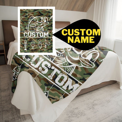 Personalized Bass Camo Fishing Blanket | Customizable Fishing Lures Blanket | Soft Blanket | Toddler Blanket | Comfy Throw Blanket