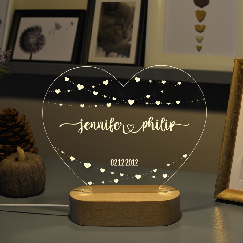 Personalized Night Light for Couples, Romantic Couple Gifts, Anniversary Gifts, Engagement Gifts, Custom Night Light, Name and Date