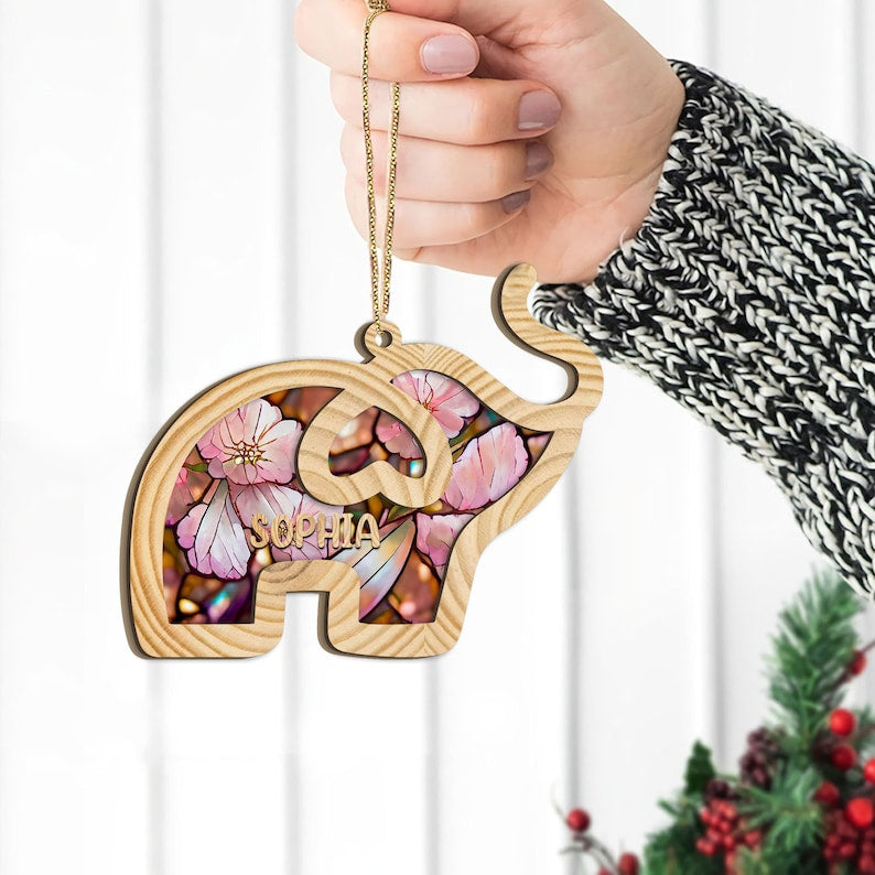 Personalized Elephant Layered Wood Ornament, Custom Elephant Christmas Tree Ornament, Elephant Christmas Home Decor, Gift for Elephant Lover