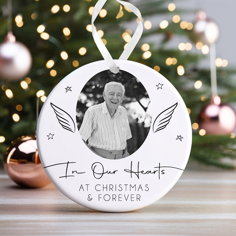 Memorial Christmas Bauble | Memory Ornament | Memorial Keepsake Christmas | Memorial Photo Ceramic Christmas Bauble - Angel Wings