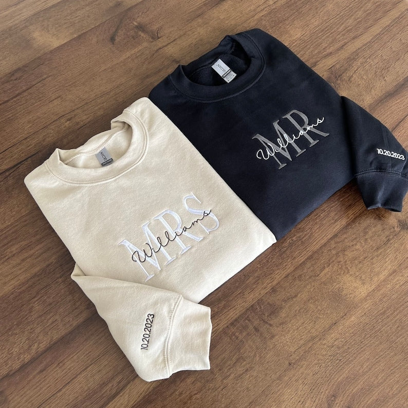 Mrs And Mr Embroidered Sweatshirt, Date On Sleeve