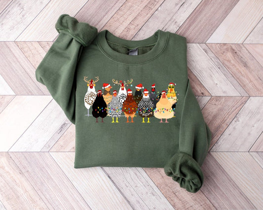 Cute Christmas Chickens Sweatshirt, Christmas Farm Animals Sweatshirt, Womens Christmas Chicken Sweatshirt,Christmas Holiday Sweatshirt Gift