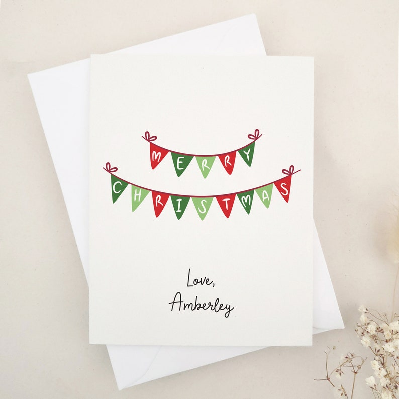Merry Christmas Card with Festive Red & Green Bunting: Personalized Holiday Greeting